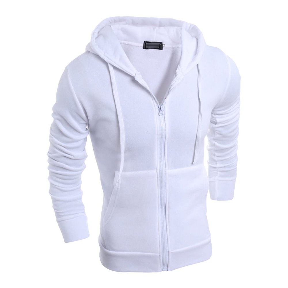 Maiyifu-GJ Men's Long Sleeve Full Zip Hoodie Casual Lightweight Cotton Hooded Sweatshirt Loose Fit Hoodies with Kanga Pocket (White,Large)