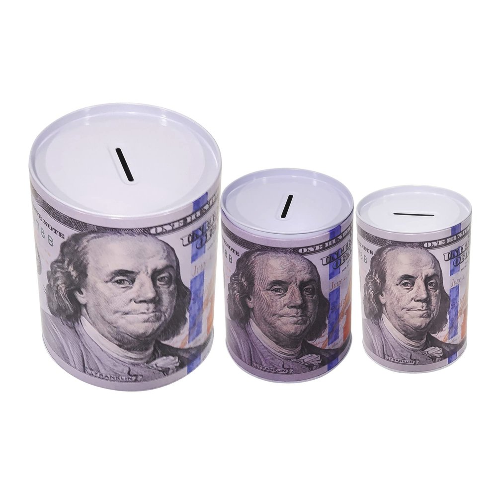 3-Pack $100 Bill Print Piggy Bank  Tall Metal Coin Bank, Durable Reusable Tin Money Saving Jar, Novelty Gift