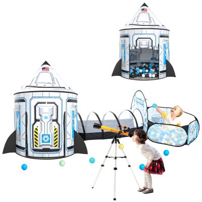 3pc Kids Play Tent for Girls with Ball Pit, Crawl Tunnel, Princess Tents for Toddlers, Baby Space World Playhouse Toys (3PC White Rocket Play Tent)