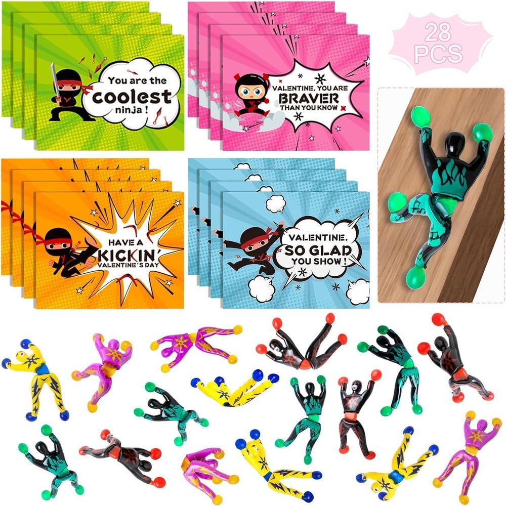 ShyLizard 28Pack Kids Valentines Day Cards for Classroom School, Valentines Cards with Wall Climbing Men, Valentine Cards Gifts for Kids Classroom School Exchange, Valentines Day Gifts Sets for Kids