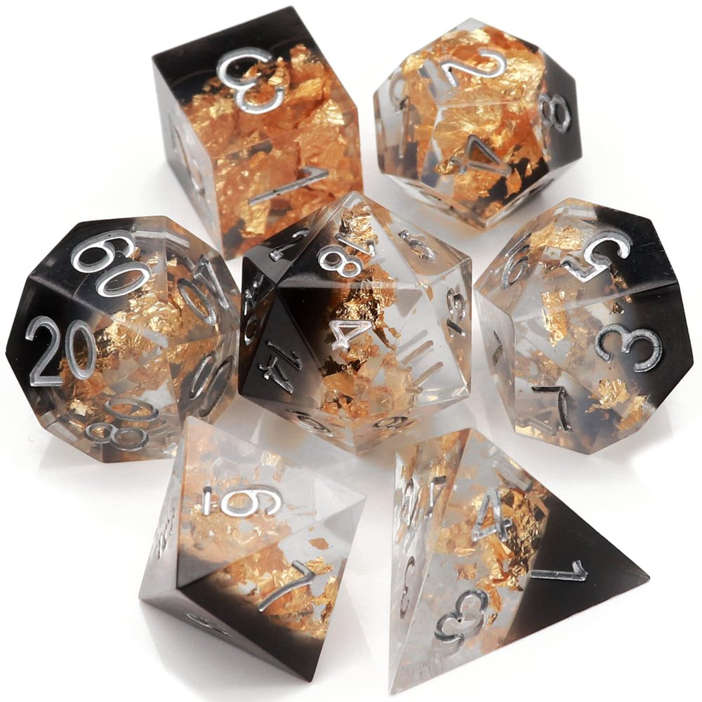 Haxtec DND Dice Set Black Sharp Edge Resin Dice Gold Flakes with Dice Case Black White Gold D&D Dice for RPG Role Playing Games Compatible with Dungeons and Dragons Gift War Series