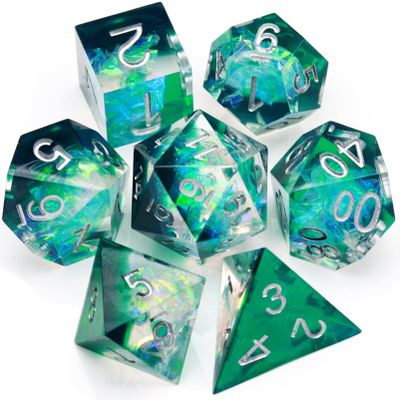 Haxtec DND Dice Set Sharp Edge Resin Dice Iridecent Inclusion with Dice Case Green D&D Dice for RPG Role Playing Games Compatible with Dungeons and Dragons Gift Galaxy Series