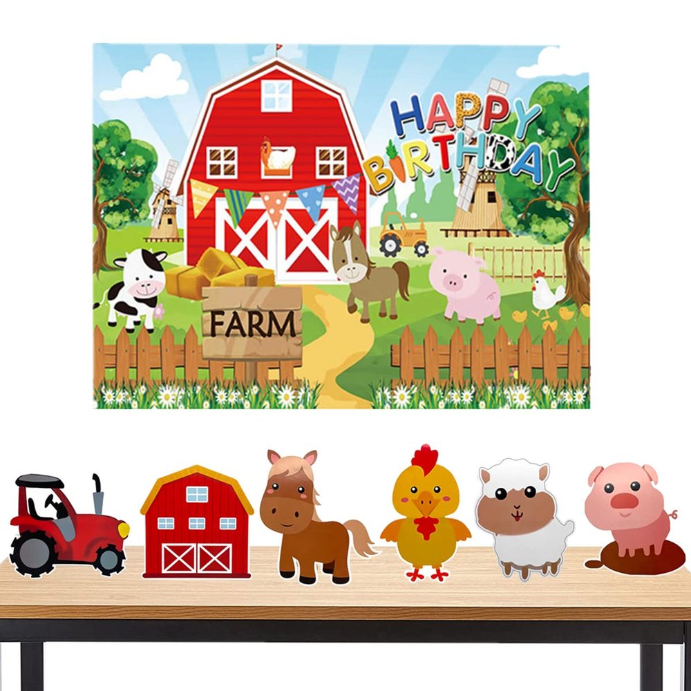 7 Pcs Farm Themed Party Supplies,Include 6pcs Farm Animals Table Centerpieces and Farm Happy Birthday Background Cloth, Indoor and Outdoor Table Decorations for Farm Animals 3D Table Decoration