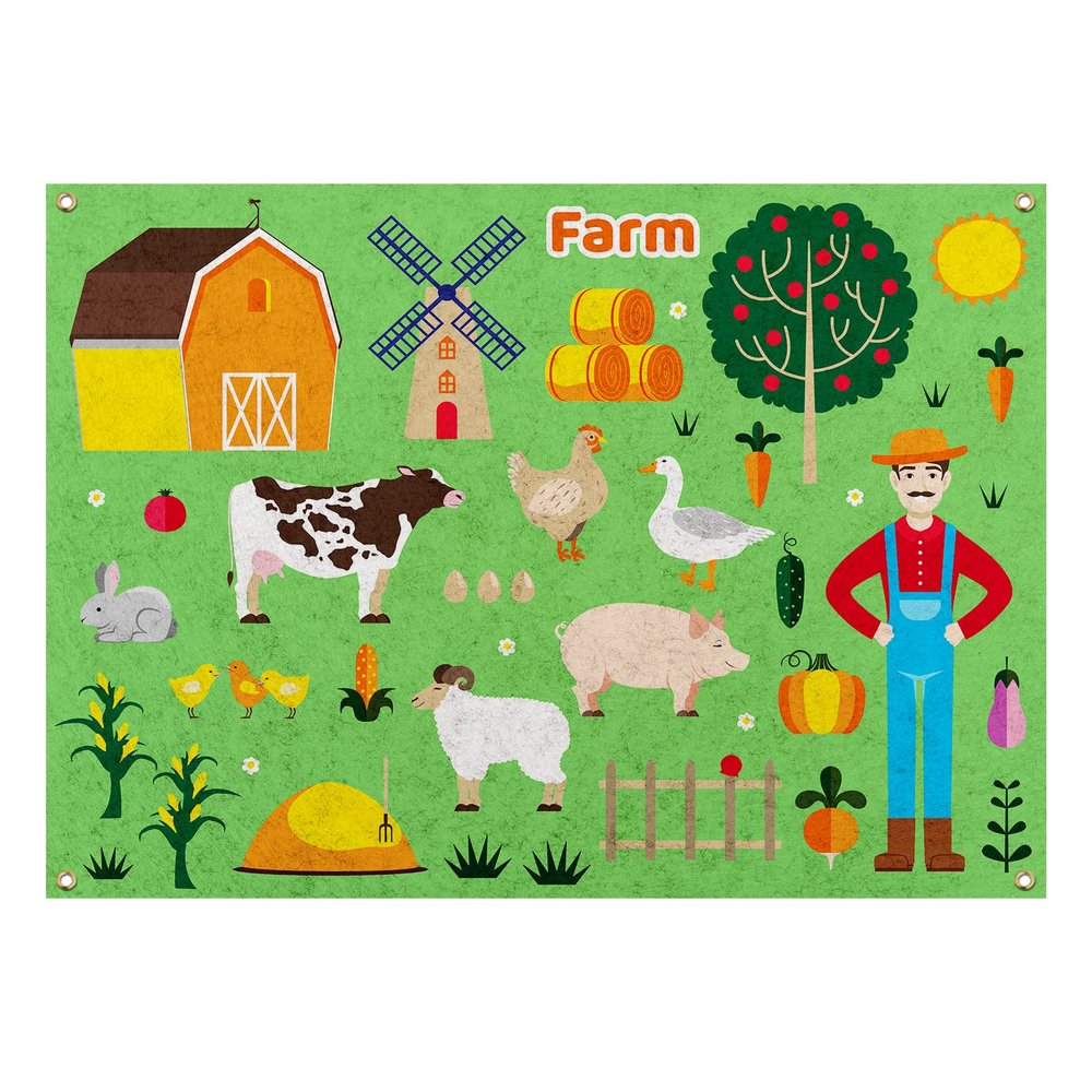 PLIGREAT Farm Animals Felt Board, 43Pcs Preschool Farm Themed Storytelling Board Animals Farmers Early Teaching Wall for Early Learning Tell A Story 105x75 cm