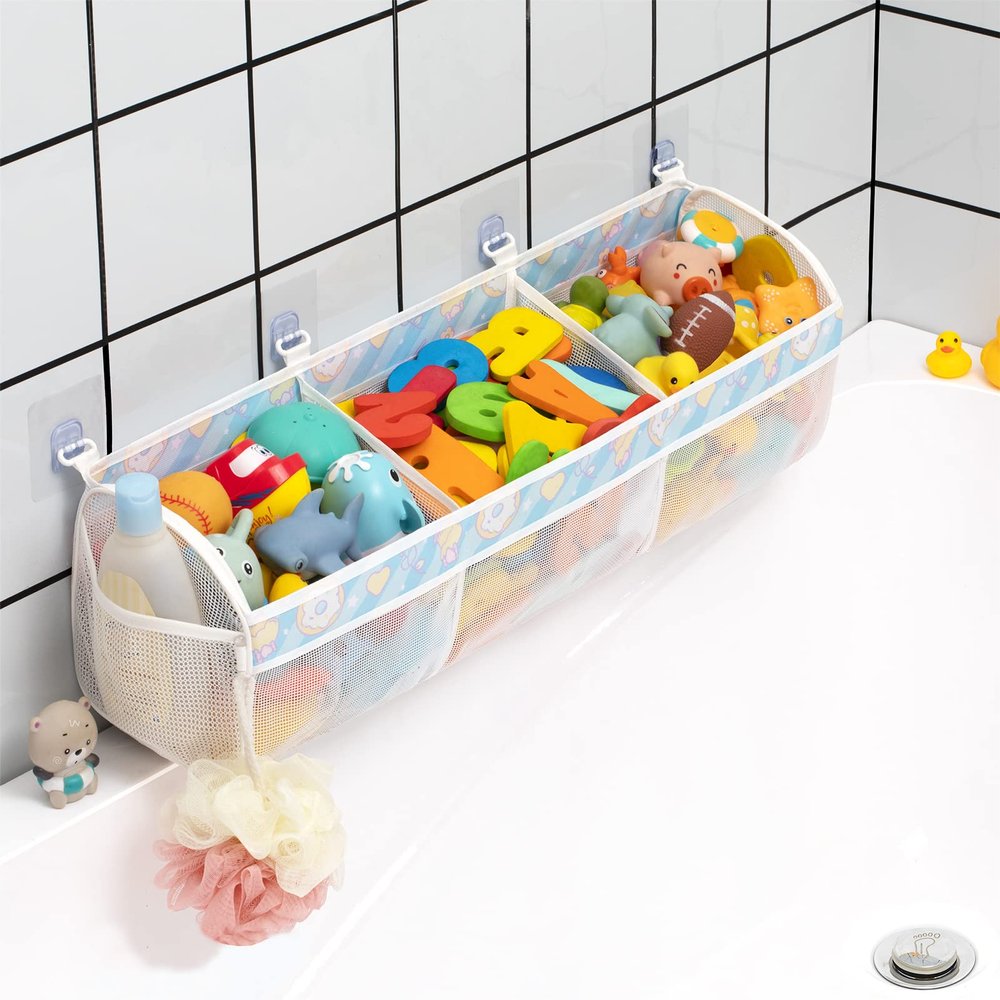 Austion Mesh Bath Toy Storage for Tub - Sorting Baby Toys Bath Tub Toy Holder - Extra Large Capacity Bath Toy Organizer with Large Openings, Quick-Drying and Breathable (Blue)