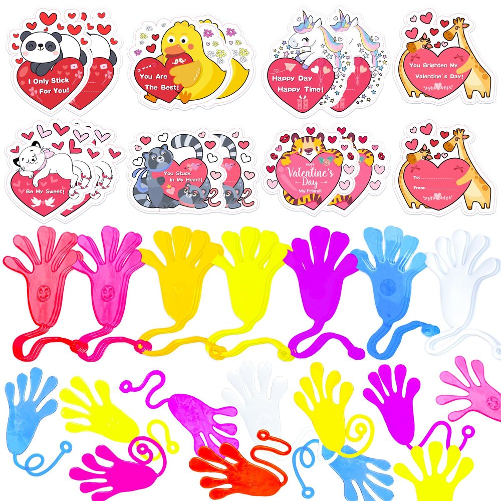 Max Fun 28 Pack Valentines Day Cards with Sticky Hands for Kids Valentines Day Gifts for Classroom Exchange Party Favors Goodie Bag Stuffer Fillers