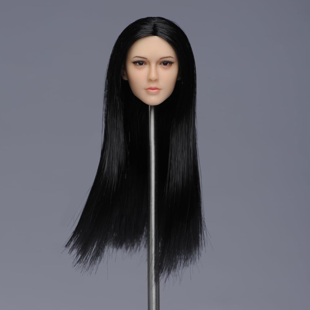 1/6 Scale Female Head Sculpt,European Girl Suntan Skin Planted Hair Head Carved for 12inch PH TBL JO Action Figure Body Collection (Black Eyes and Black Hair)