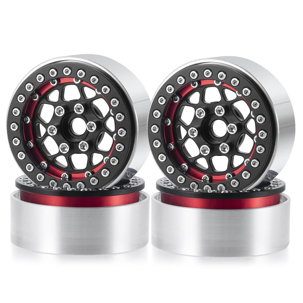 4Pcs Aluminum 1.9" Beadlock Wheels Rims for 1/10 TRX-4 SCX10 CC01 F350 D90 90034 RC Crawler Car (Black + Red)