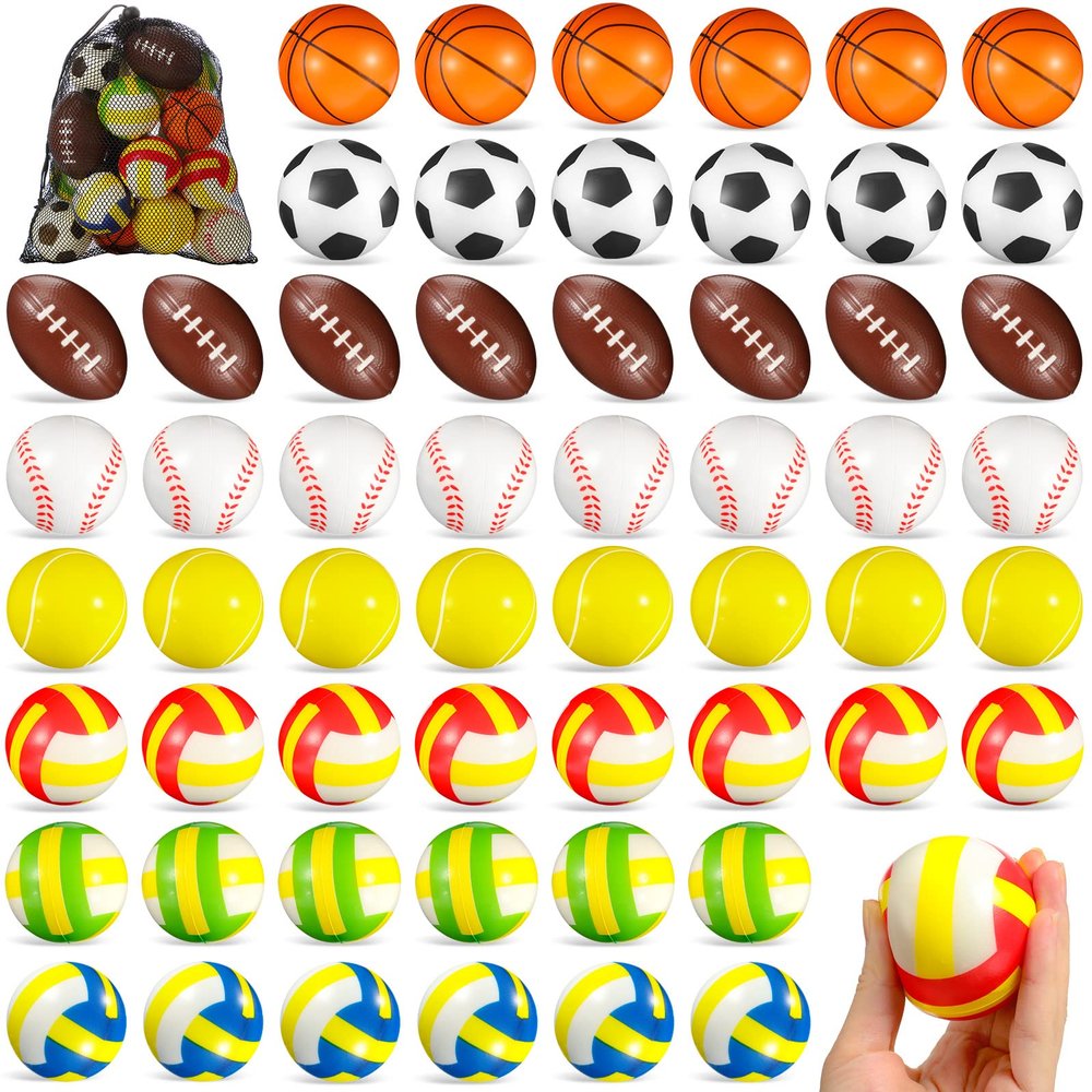 72 Pcs Sports Stress Balls Bulk 2.5 Inch Party Favor for Kids Mini Foam Stress Balls Pool Beach Toys Basketball Football Baseball Soccer Tennis Volleyball for Sports Party Supplies, Relief