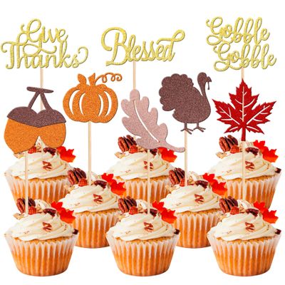 24 PCS Thanksgiving Cupcake Toppers Glitter Turkey Maple Leaves Pumpkin Hazelnut Fall Theme Cupcake Picks Blessed Gobble Givethanks Cake Decorations for Thanksgiving Theme Birthday Party Supplies