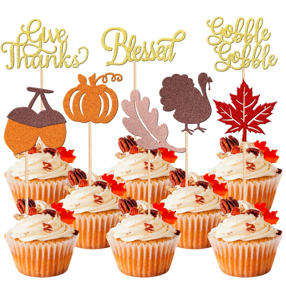 24 PCS Thanksgiving Cupcake Toppers Glitter Turkey Maple Leaves Pumpkin Hazelnut Fall Theme Cupcake Picks Blessed Gobble Givethanks Cake Decorations for Thanksgiving Theme Birthday Party Supplies