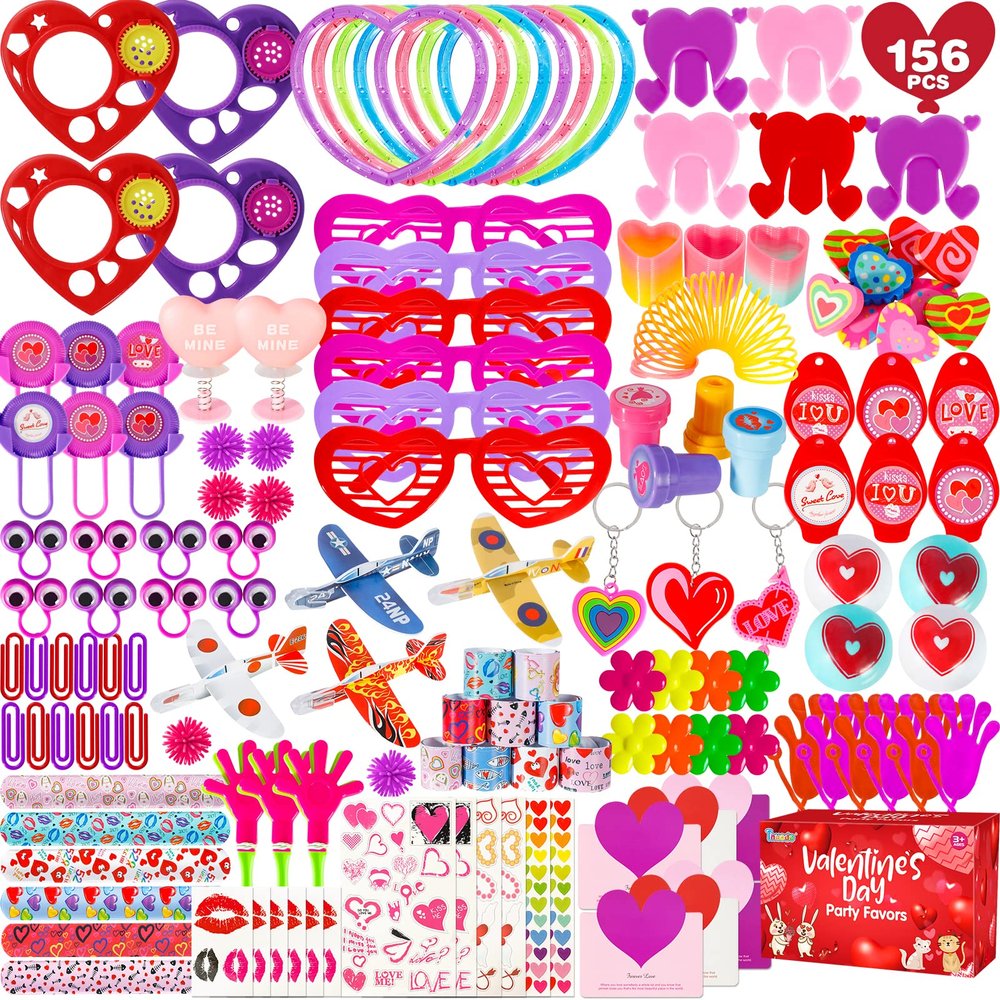 Thuodo 156 Pcs Valentines Day Party Favor Toys Assortment Classroom Exchange Gifts Mini Toys Stickers Stampers School Party Prizes for Boys Girls