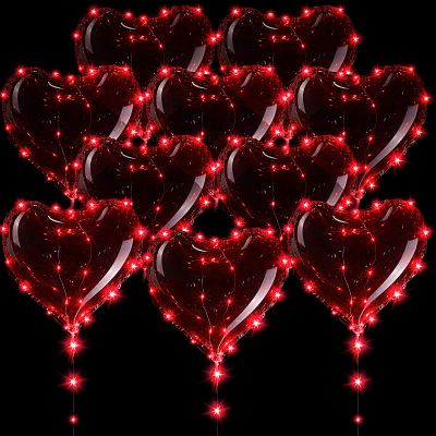 10 Pack Heart Shaped Light up Balloons Clear Heart LED Bobo Transparent Balloons with Red Lights for Christmas, Valentine s Day Wedding Birthday Party Decoration