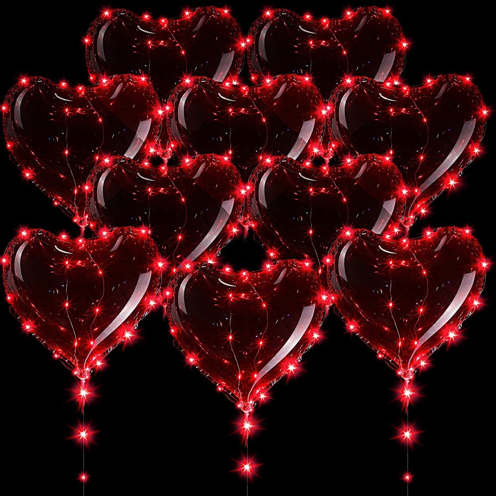 10 Pack Heart Shaped Light up Balloons Clear Heart LED Bobo Transparent Balloons with Red Lights for Christmas, Valentine s Day Wedding Birthday Party Decoration