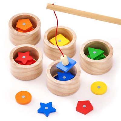Boby Montessori Toy 2-in-1 Wooden Sorting Cup&Magnetic Fishing Game-Educational Puzzle Toy for Toddlers 1-4 Year Old,Colors Shapes Sorting&Matching Games for Toddlers Developmental Toys