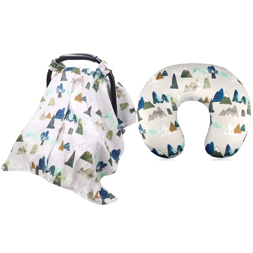 Baby Car Seat Cover and Nursing Pillow Cover, Peekaboo Opening Minky Carseat Canopy, Neutral Breastfeeding Pillow Slipcover for Baby Boys & Girls