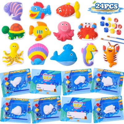 24 Pack Valentine's Day Cards for Kids with Plaster Painting Kit for School Classroom Valentine's Gift Exchange, Valentine's Party Favor for Kids, Valentine's Prize, Valentine's Art and Craft Activity