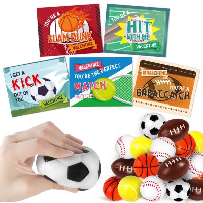 SpringFlower 30 Pack Valentien's Day Cards for Kids with Mini Sports Balls for School Classroom,Valentine's Gifts Exchange, Squeeze Foam Balls for Valentine's Party Favors,Valentine's Prizes for Kids