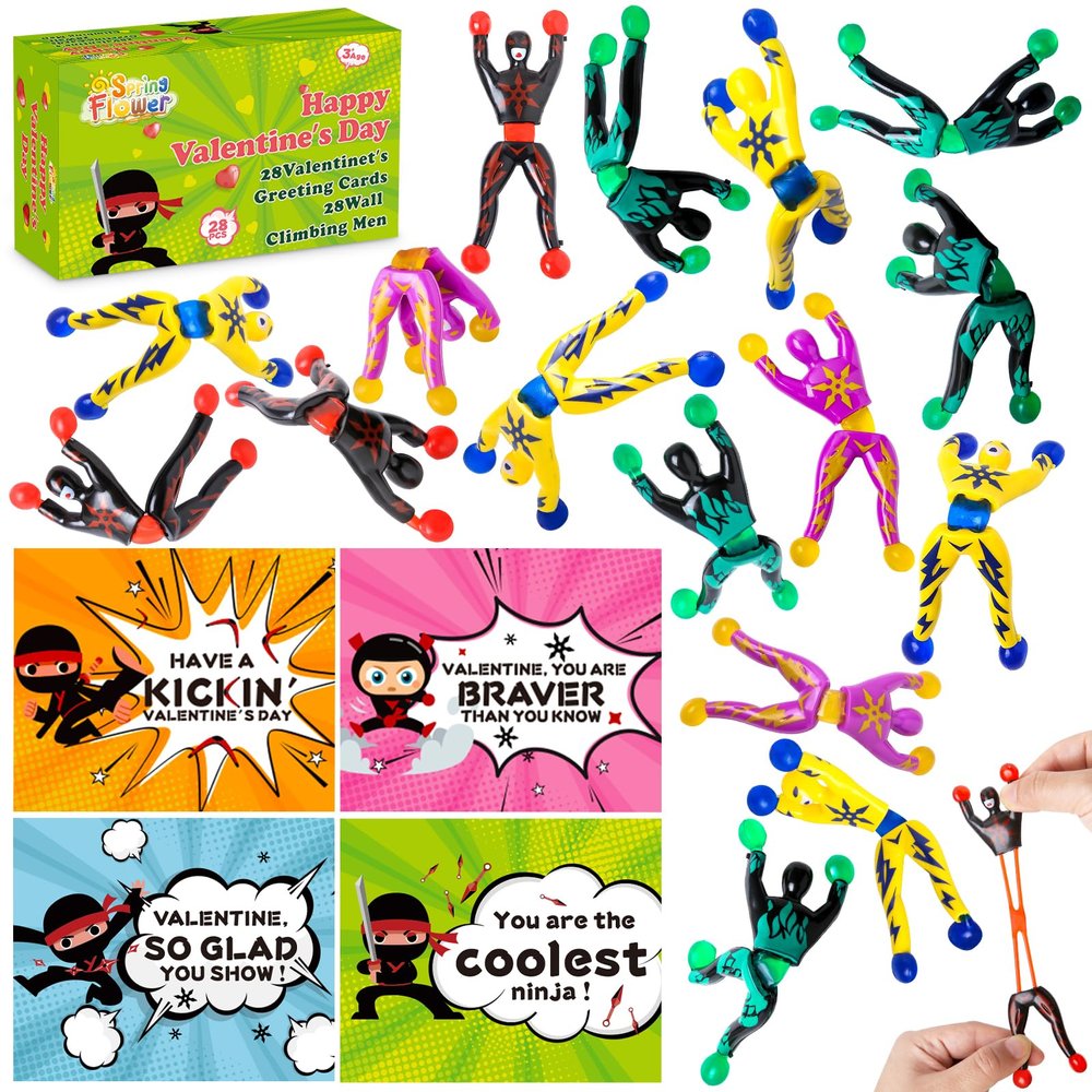 28 Packs Valentines Day Cards for Kids with Sticky Wall Climbing Men Ninja Set for Classroom,Valentine's Gifts Exchange For School, Valentine's Party Favors for Kids, Valentine's Prizes for Boys Girls