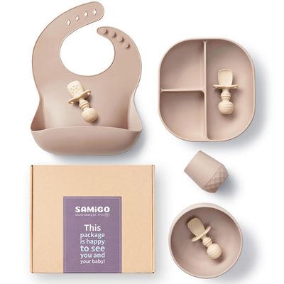 SAMiGO Silicone Baby Feeding Set, Baby Led Weaning Supplies, Suction Bowl Plate Bib Cup Self Feeding Spoons, Solid Food Eating Essentials, First Stage Utensils, 6+ Months