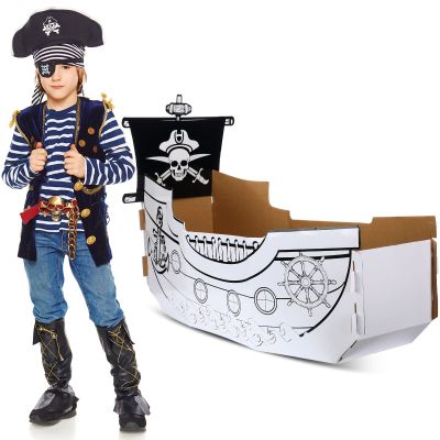 Eaasty Coloring Pirate Ship Cardboard Boat Playhouse for Kids Crafts DIY Large Kids Outdoor Playhouse Toy for Toddlers to Color Pirate Halloween Party Decorations