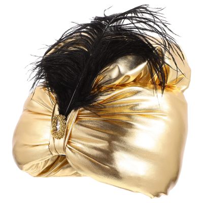 Toyvian Golden Turban Hat with Plume Decoration, Arabian Prince Headdress Costume Hat, One Size Unisex Glittered Turban Hat Costume
