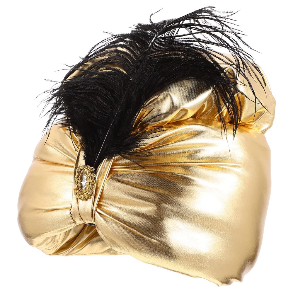 Toyvian Golden Turban Hat with Plume Decoration, Arabian Prince Headdress Costume Hat, One Size Unisex Glittered Turban Hat Costume
