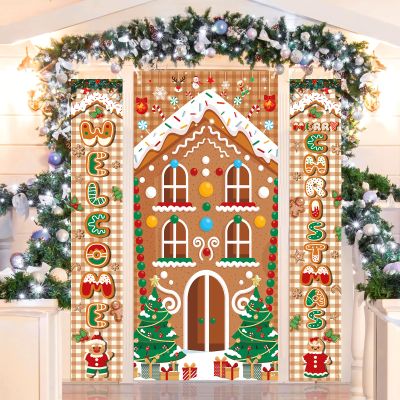 3Pcs Christmas Gingerbread House Party Decorations, Gingerbread House Door Cover Banner Welcome Christmas Porch Sign Peppermint Candy Cane Banner for Winter Xmas Party Supplies Indoor Outdoor