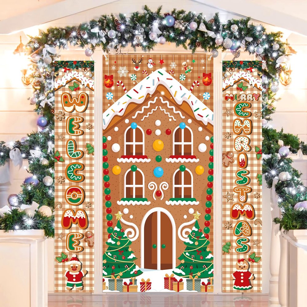 3Pcs Christmas Gingerbread House Party Decorations, Gingerbread House Door Cover Banner Welcome Christmas Porch Sign Peppermint Candy Cane Banner for Winter Xmas Party Supplies Indoor Outdoor