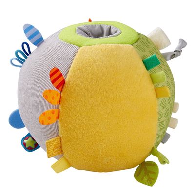HABA Soft Sensory Ball Discovery Toy - Plush Baby Tag Toy with Rattle, Tags & Textures, Tummy Time Toys & Play Pen Balls, 6.5" Machine Washable for 6 Months & up