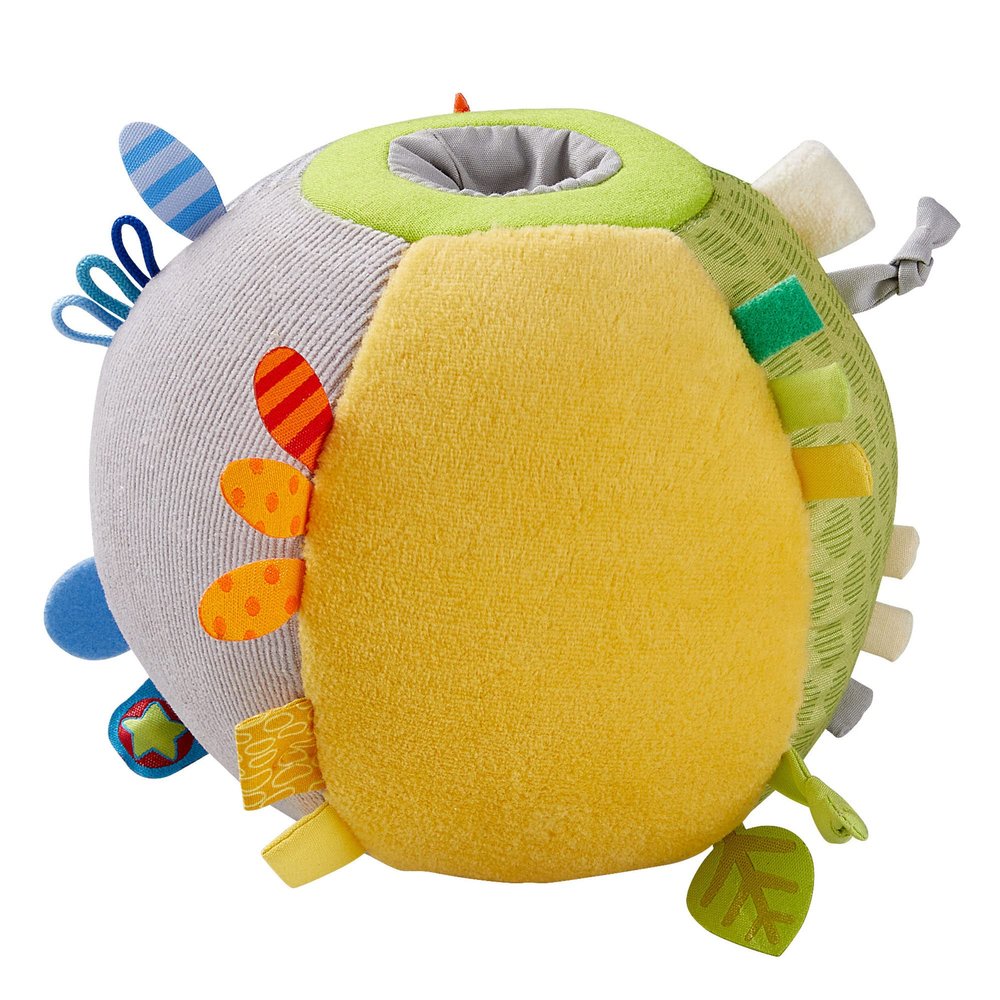 HABA Soft Sensory Ball Discovery Toy - Plush Baby Tag Toy with Rattle, Tags & Textures, Tummy Time Toys & Play Pen Balls, 6.5" Machine Washable for 6 Months & up