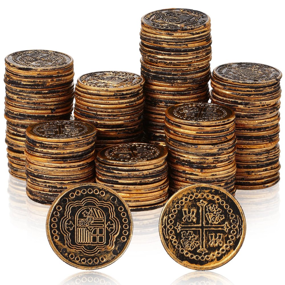 Hanaive 500 Pcs Plastic Pirate Coins Bulk Fake Pirate Treasure Chest Halloween Toy Coins Replica Spanish Doubloons for Treasure Hunt Board Game Cosplay Party Decorations(Bronze)