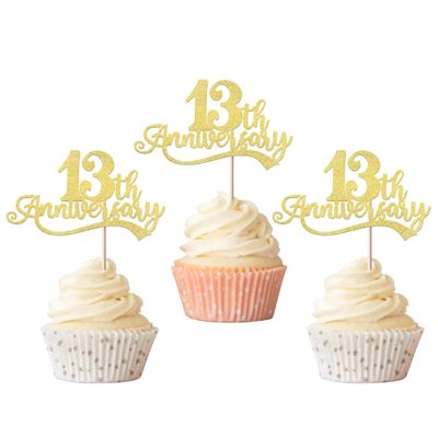 Rsstarxi 24 Pack Cupcake Toppers Glitter Cheers to 13 Years Cupcake Picks Gold 13th Birthday Cake Decorations for Happy Anniversary Party Supplies