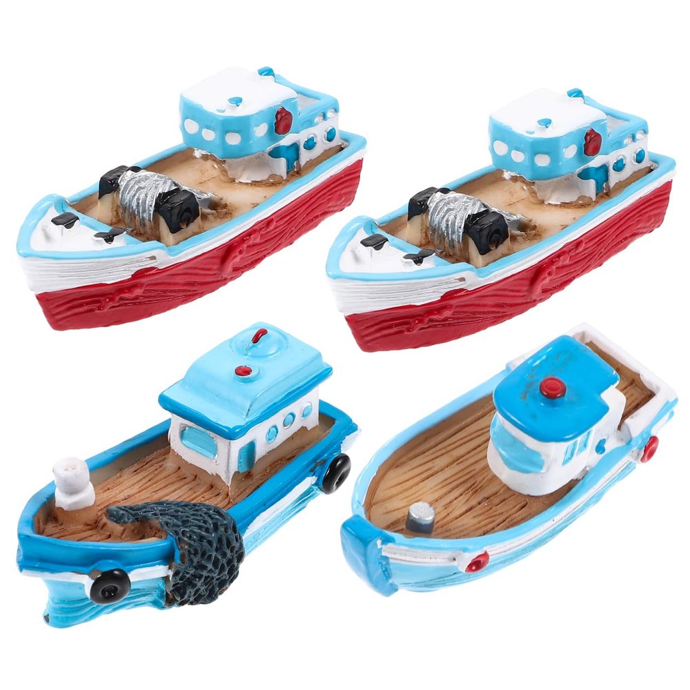 NUOBESTY 4Pcs Miniature Boat Resin Fishing Ship Model, Mediterranean Mini Boats for Fairy Garden Accessories, DIY Micro Landscape Decoration, Sand Tray Miniatures & Terrarium Figurines