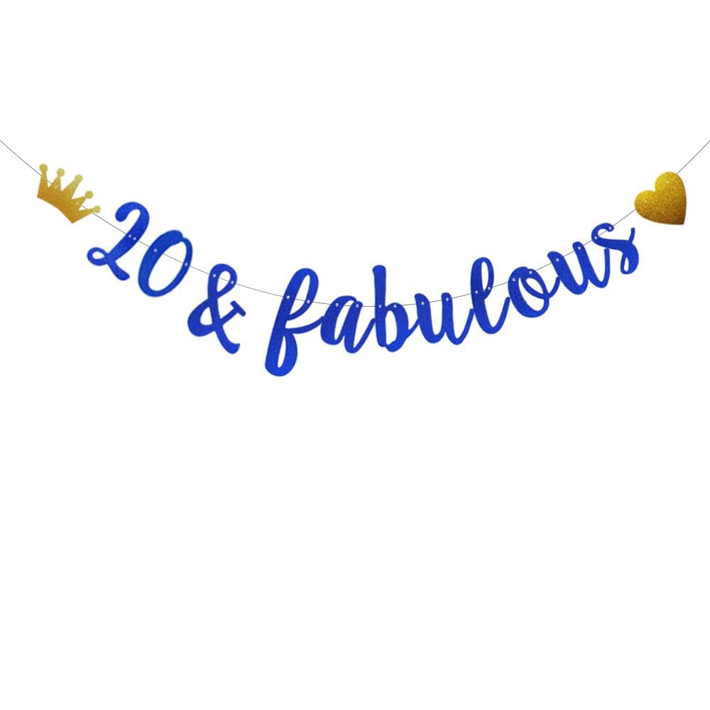20 & Fabulous Banner,Pre-Strung,No Assembly Required,Funny Blue Paper Glitter Party Decorations for 20th Birthday Party Supplies, Letters Blue,ABCpartyland