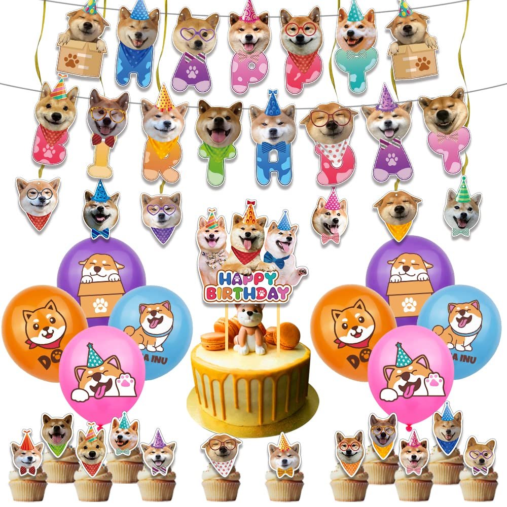 ADIANZI Shiba Inu Party Decorations Suit Cute Shiba Inu Theme Birthday Banner Hanging Swirl Party Cake Topper Balloons Cupcake Toppers Shiba Inu Birthday Party Supplies With Different Dog Faces