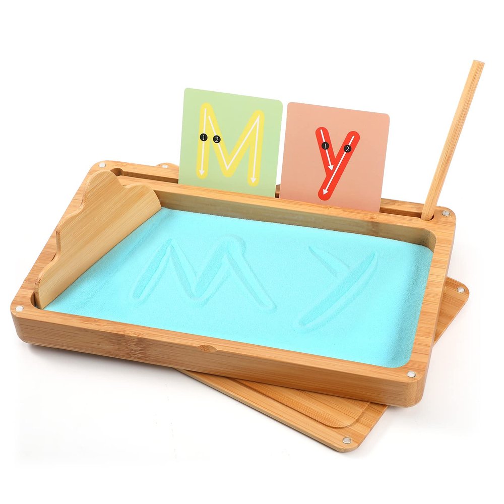 AtMini Montessori Sand Tray with Lid - Wooden Sand Trays for Kids Writing Letters and Numbers, Preschool Classroom Must Haves, Kindergarten Learning Tools (Blue)