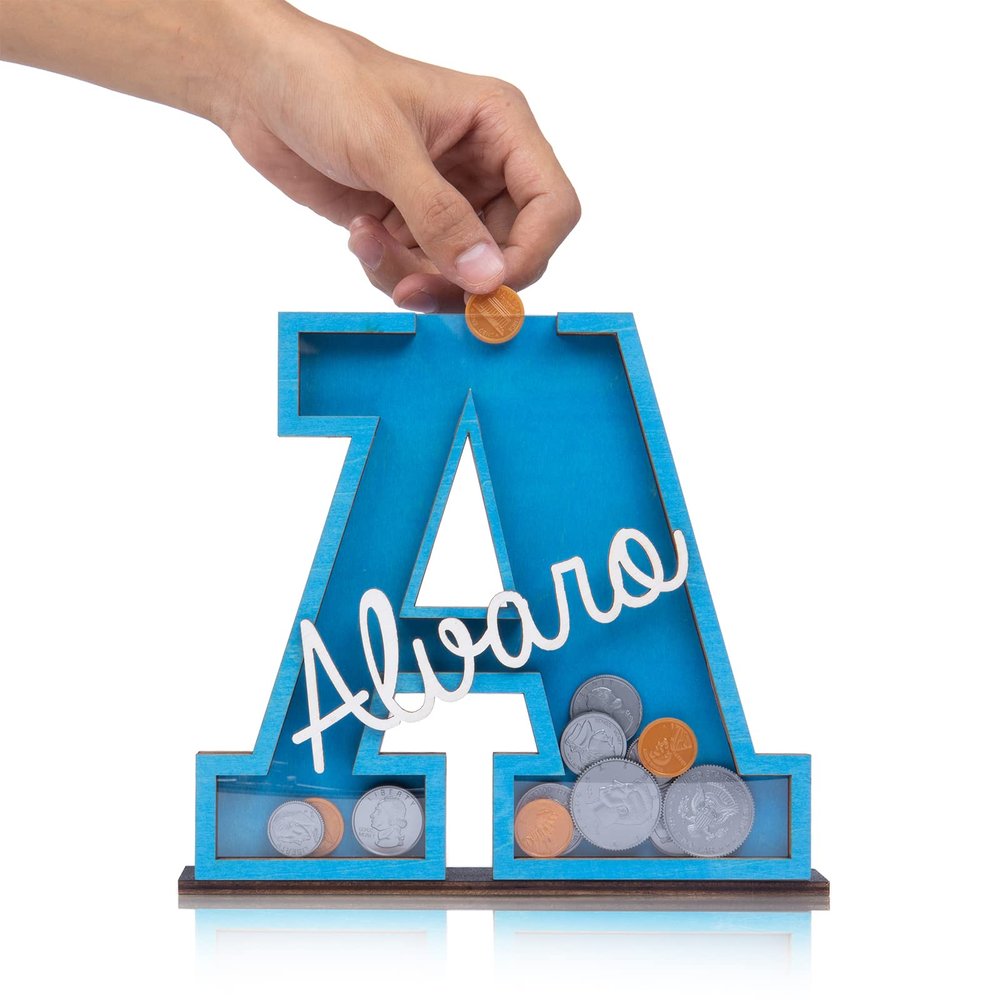 Personalized Piggy Bank with Name Custom Letters Wooden Piggy Bank Engraved Money Box Piggy Bank Gift for Kids Girl Boy, Christmas Birthday Home Decoration (Style 5-Blue)