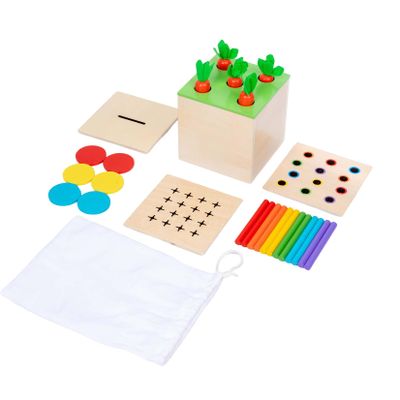 4 in 1 Montessori Play Kit Box - Cotton Swab Board, Coin Box, Carrot Harvest Game, Matchstick Color Drop Game Montessori Toys for Babies 6-12 Months, 1 Year, 2 Year