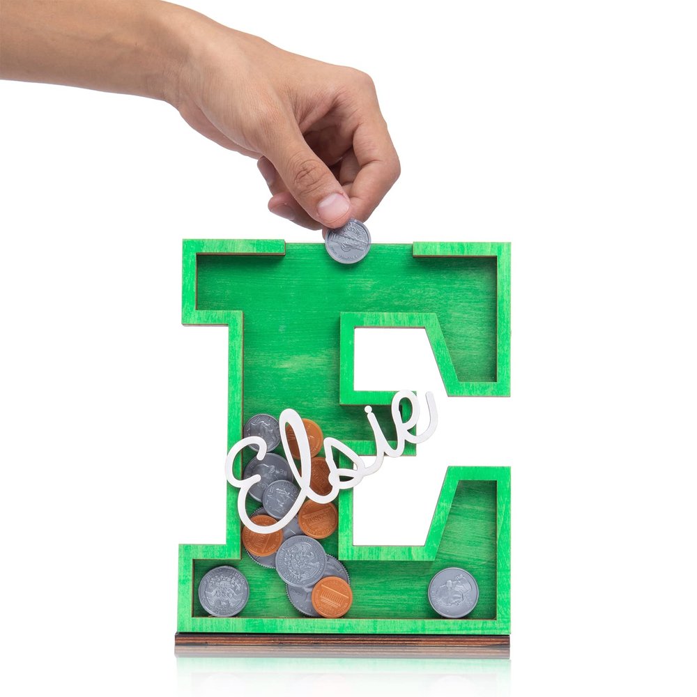 Personalized Piggy Bank with Name Custom Letters Wooden Piggy Bank Engraved Money Box Piggy Bank Gift for Kids Girl Boy, Christmas Birthday Home Decoration (Style 1-Green)