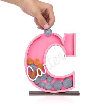 Personalized Piggy Bank with Name Custom Letters Wooden Piggy Bank Engraved Money Box Piggy Bank Gift for Kids Girl Boy, Christmas Birthday Home Decoration (Style 3-Peach)