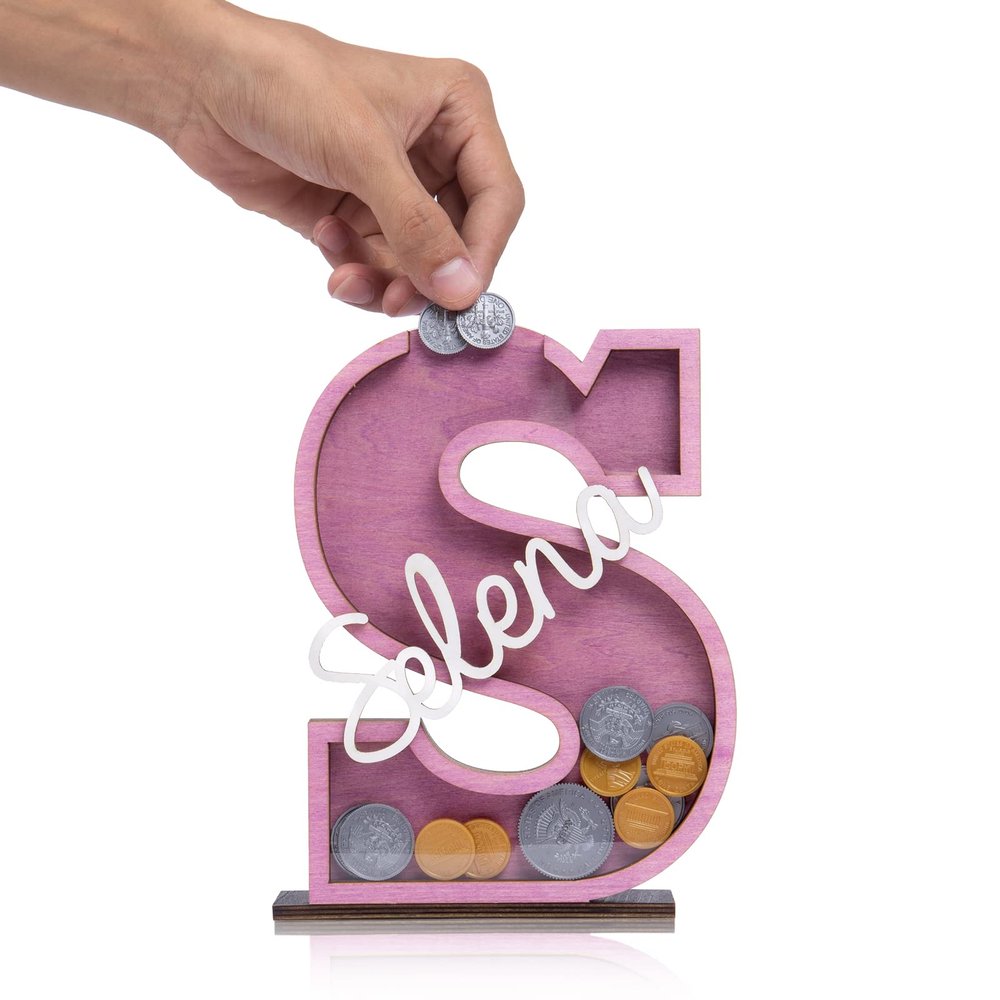 Personalized Piggy Bank with Name Custom Letters Wooden Piggy Bank Engraved Money Box Piggy Bank Gift for Kids Girl Boy, Christmas Birthday Home Decoration (Style 6-Purple)