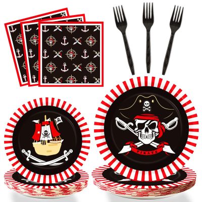 96pcs Pirate Birthday Tableware Set Pirates Party Paper Plates and Napkins Decorations Pirate ship Bone Disposable Dinnerware Supplies for Adult Teens Kids Birthday Party Favor, Severs 24
