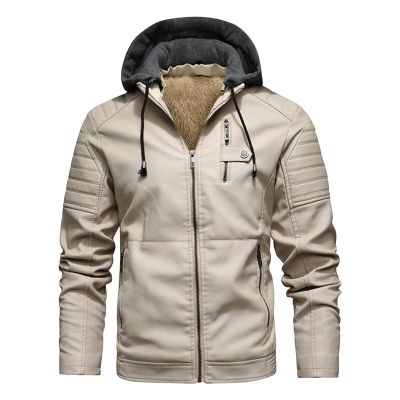 Maiyifu-GJ Men's Faux Leather Hooded Jacket Vintage PU Moto Windproof Hoodie Coat Winter Warm Fleece Lined Motorcycle Jacket (White,Large)