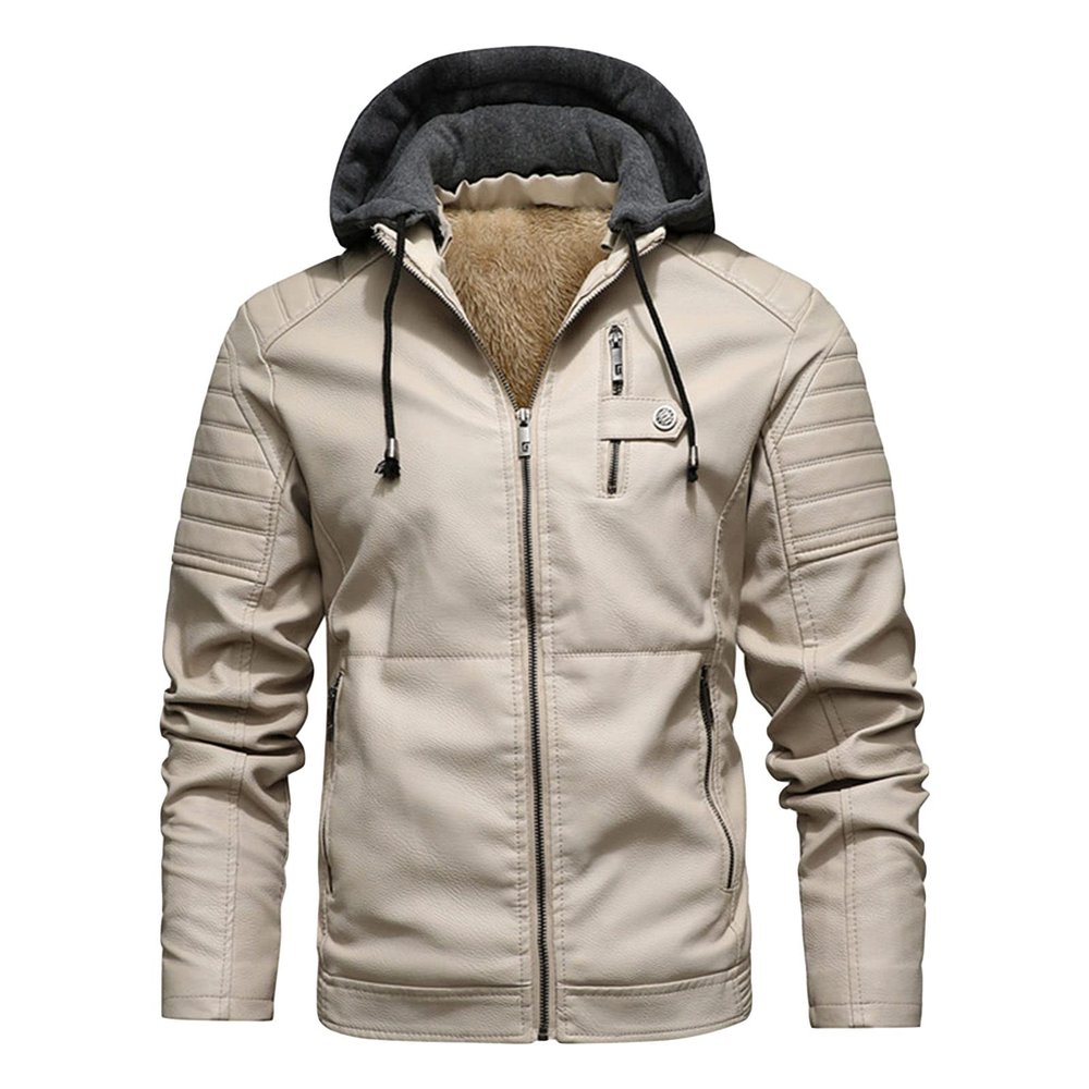 Maiyifu-GJ Men's Faux Leather Hooded Jacket Vintage PU Moto Windproof Hoodie Coat Winter Warm Fleece Lined Motorcycle Jacket (White,Large)