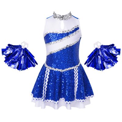 Agoky Girls Sequin Cheerleading Dance Dress Schoolgirls Cheer Leader Uniform Dress Outfit Halloween Cosplay Fancy Costume Royal Blue with Pompoms 10 Years
