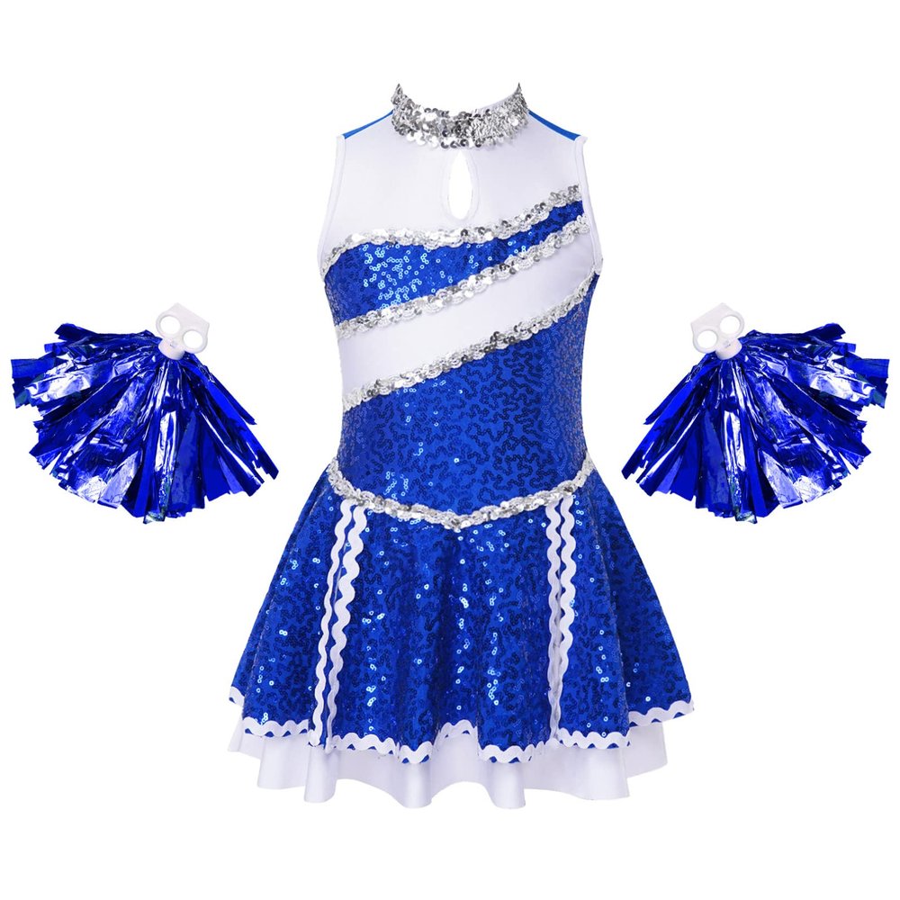 Agoky Girls Sequin Cheerleading Dance Dress Schoolgirls Cheer Leader Uniform Dress Outfit Halloween Cosplay Fancy Costume Royal Blue with Pompoms 10 Years