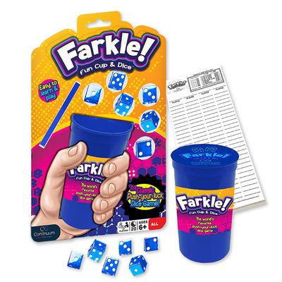 Continuum Games Farkle Fun Cup and Dice The Worlds Favorite Classic Push Your Luck Dice Game Includes Rolling Dice Cup, 6 Dice, and Scorepad Ages 6 and up