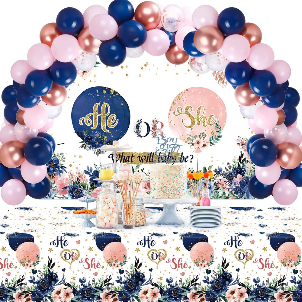 107 Pieces Gender Reveal Party Decorations Navy and Blush He or She Party Supplies Include Backdrop Banner Tablecloth and Balloons for Boy Girl Gender Reveal Baby Shower Party Decor