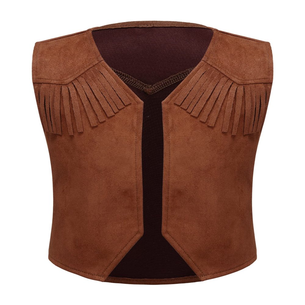 Alvivi Kids Boys Western Cowboy Costume Fringe Decor Open Front Vest for Cosplay Halloween Party 6-16 Years Brown 8 Years